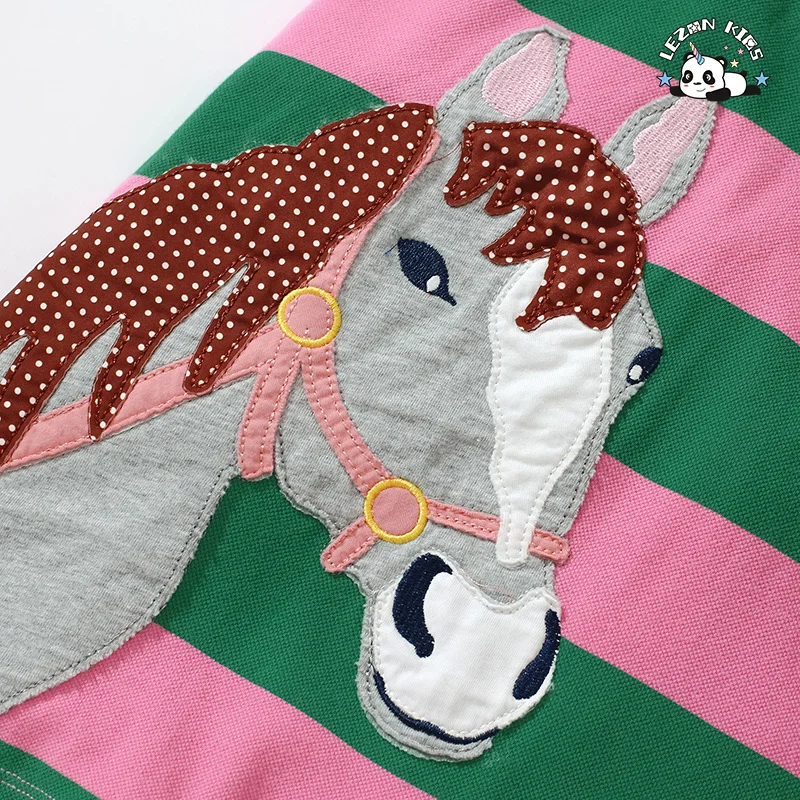 LEZONKIDS - New Arrive Children Short Sleeve Striped Cotton Animal Printing Girls Dress for Daily Life